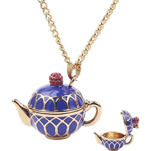 Blue Teapot Necklace Set Can Open Tea Pot Cup Necklace Earrings Elegant Teapot Necklace Charm Creative Women Gift Jewelry