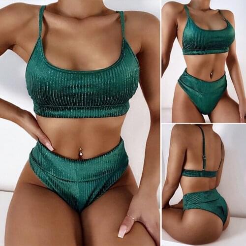 Womens Split 2-Piece Swimsuit Solid Color Simple High Waist Bikini Green