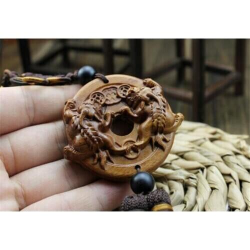 Wood Carving Chinese Wealth Double Pixiu Pi Yao Dragon Car Pendant Amulet Craft