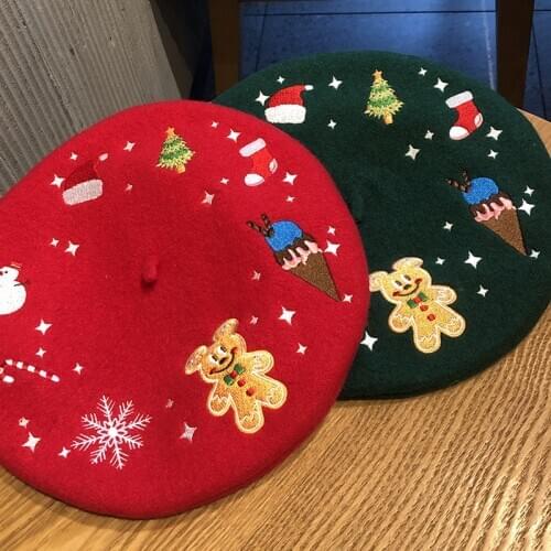 Christmas Winter Hats for Women Cartoon Embroidery Berets Wool Painter Hats Green Red Female Wholesale Ladies Visors Hat