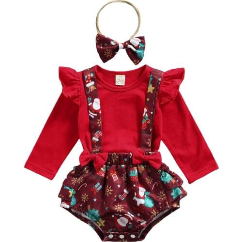 Baby Girls Christmas Three-piece Clothes Set Long Sleeve Tops Santa Claus Printed Suspender Bloomers and Headdress for 0-18 M