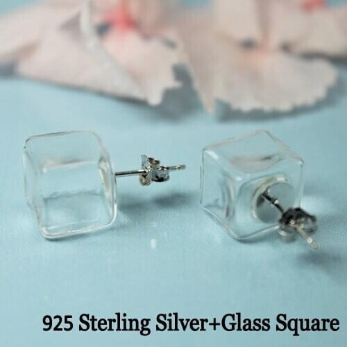 2Pair Mini Square 925 Sterling Earring,glue Post Earrings ,glass globe terrarium stud earrings