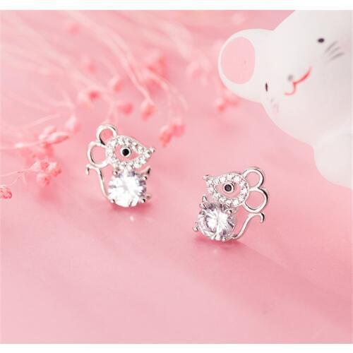 OBEAR Siver Plated Cute Mouse Micro Zircon Ear Studs Women Jewelry Girls Kid Birthday Gift Cute Animal Earrings