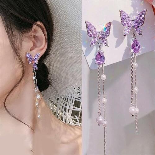 Non Pierced Fashion Butterfly Shiny Rhinestone Gothic Drop Earrings For Women Elegant Pearl Tassel Ear Clip Charm Stud Jewelry