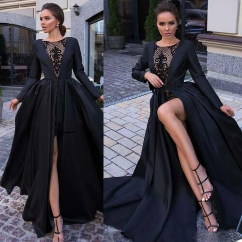 Chic Long Sleeve Prom Dresses 2019 High Split Lace Appliqued vestidos de gala Custom Made Special Occasion Dress