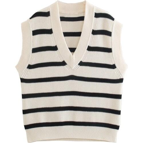 Womens Sweaters Striped Knitted Vintage Za Fashion 2021 Sleeveless Sweaters Female Loose V Neck Elegant Pullovers Spring Tops