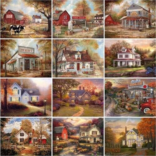 Vintage Forest Hut Diamond Painting Shop House 5D Diy Diamond Embroidery Autumn Landscape Rhinestone Mosaic Art Home Decor Gift