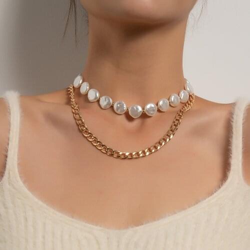 Vintage Alloy Thick Chain Multilayer Geometric Pearl Chokers Necklaces For Women Beads Collars Cuban Link Chain Fashion Jewelry