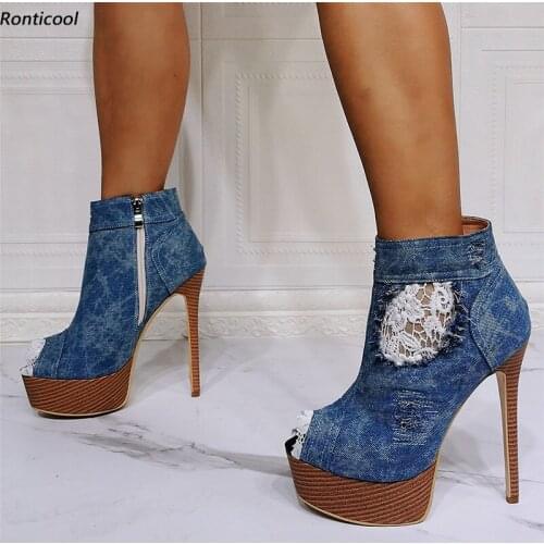 Ronticool New Handmade Women Platform Ankle Boots Denim Side Zipper Stiletto Heel Peep Toe Blue Casual Shoes Plus US Size 5-20