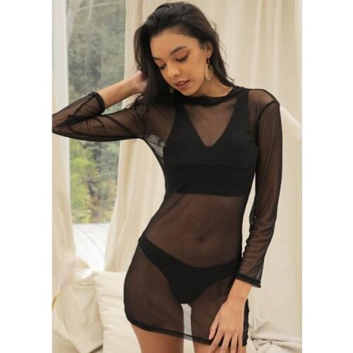 Women Black Summer Swimsuit Cover Solid Color Sheer O-Neck Long Sleeves Slim Sun-Proof Dress For Girls Fashion Simple Design