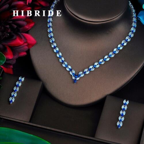 HIBRIDE Brilliant Marquise Cut Blue CZ Dubai Jewelry Sets For Women Necklace Set Wedding Dress Accessories Party Show N-469