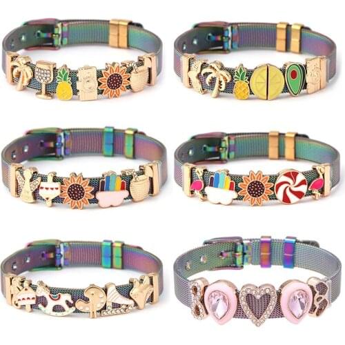 Colorful Stainless Steel Keeper Mesh Strap Ladies Bracelet DIY Geometric Charm Rainbow Flower Bracelet Gift Brand Women Bangles