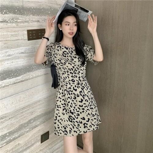 Women Summer Dress Puff Short Sleeve O-Neck Leopard Print Loose Female Dresses Harajuku Mini Girl Streetwear vestidos de mujer