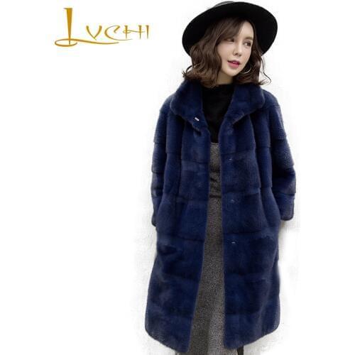 LVCHI Winter 2019 Female Long Sleeve Solid Elegant Long Real Mink Fur Coats Womens Causal Mandarin Collar Loss Slim Long Coats