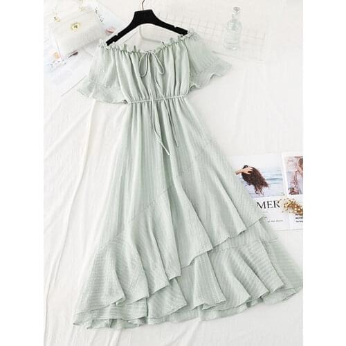 Women Summer Dress Slash Neck Off Shouder Solid Cotton linen Dresses 2020 High Waist A-line Ruffles Midi Dress Robe Femme