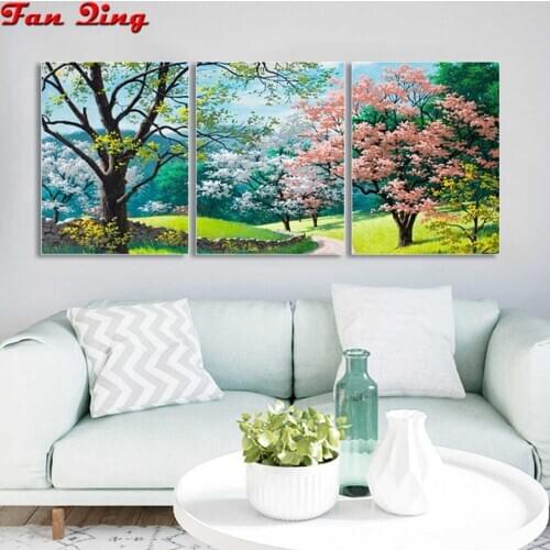 3 Pcs Of Diamond Painting Cherry Tree Pastoral Scenery Full Square Round 5D Rhinestone Embroidery Cross Stitch Mosaic Home Decor