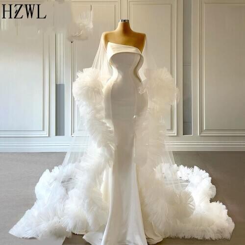 White Mermaid Evening Dresses with Wrap For Wedding 2020 Arabic Tiered Evening Prom Dress Illusion Party Gowns Saudi Arabia Robe