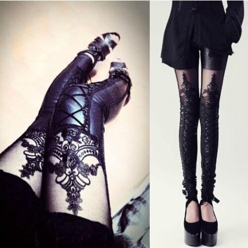 Bigsweety 2020 Hot Sale Women Lace Embroidered Pants Punk Leather Stitching Cropped Leggings Bottoming Pants