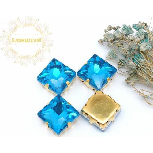 Turquoise blue Square Crystal Glass Sewing Rhinestones with gold Claw Rhinestones for Diy wedding Dress and Bags
