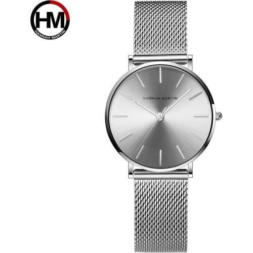 HANNAH MARTIN New Womens Watches Stainless Steel Mesh Starp Quartz Wristwatch Ladies Dress Watch Relogio Feminino Clock Silver