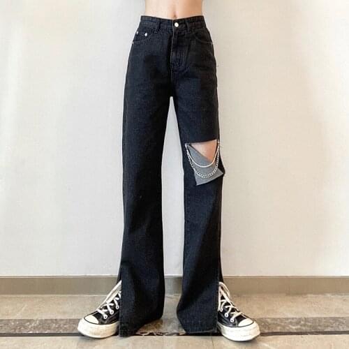 Women Casual Denim Cargo Pants High Waist Vintage Ripped Hole Jeans Loose Wide Leg Split Trousers 2021 Summer Korean Harajuku