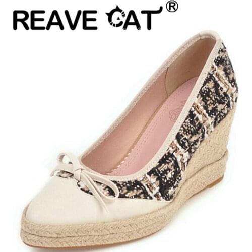 REAVE CAT 2021 Espadrilles Patchwork Pumps Bowtie Cloth Cover Heel Slip On Rattan Wedges Pointed Toe 8cm Size 32-44 Green A4177