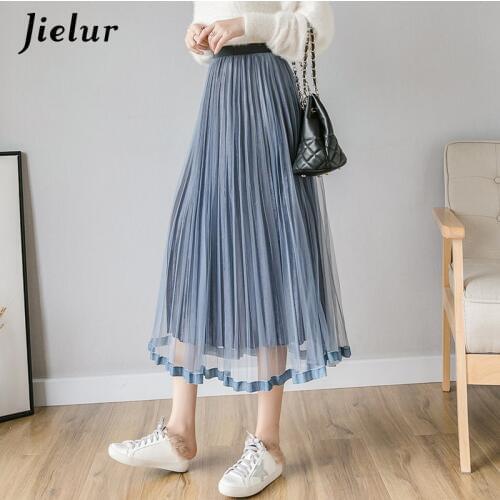 Jielur New Mesh Women Skirts 7 Colors Elegant Lady Loose Pleated Skirt 2020 Fashion Sweet Velour Korean Tulle Faldas Mujer S-XL