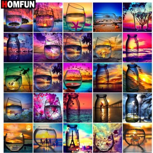 HOMFUN Square Round Drill 5D Diamond Painting Environmental Crafts Full Diamond Embroidery "Sunset wine glass bottle" Home decor