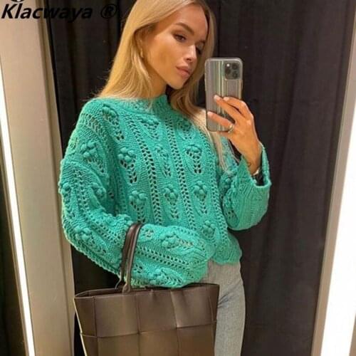 Klacwaya 2021 Women Fashion Green Ball-Shaped Hollow Out Knitted Sweater Vintage Round Neck Female Streetwear Loose Pullover Top