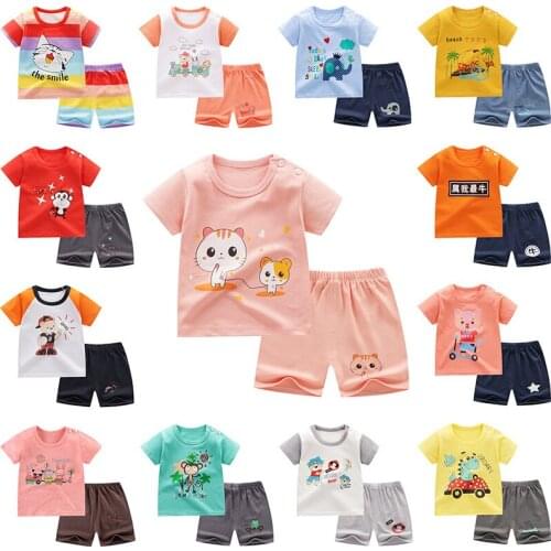 Girls Boys Summer Suit Sets Tshirt + Pants Two Piece Set for Children Outfits Short Sleeve Cotton Pajama Outfits for Kids