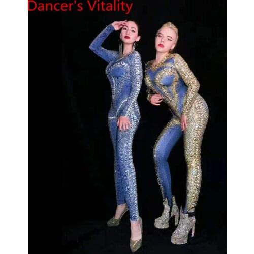 Singer Disco Acrobatics Pole Jazz Dance Wear Sparkling Diamond Long Catsuit Stretch Slim Fit Women Adult Performance Costume