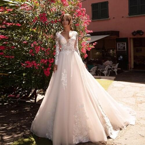 V-neck Long Sleeves Wedding Dresses Lace Appliques A Line Tulle Princess Bridal Wedding Gowns Court Train платье 2021