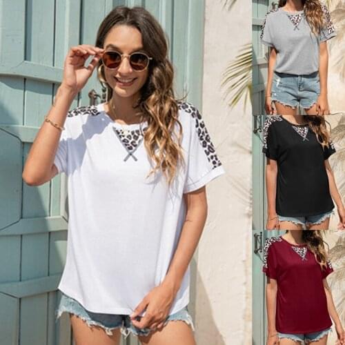 Summer Leopard Patchwork Short Sleeve T-Shirt Top Women Casual Loose O-Neck Fashion Female Tee
