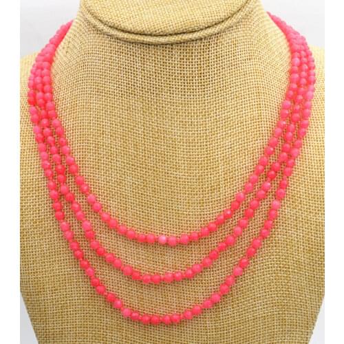 Hot sell hand knotted 3 rows 4mm faceted blue pink green stone bead necklace 17-19 " fashion jewelry