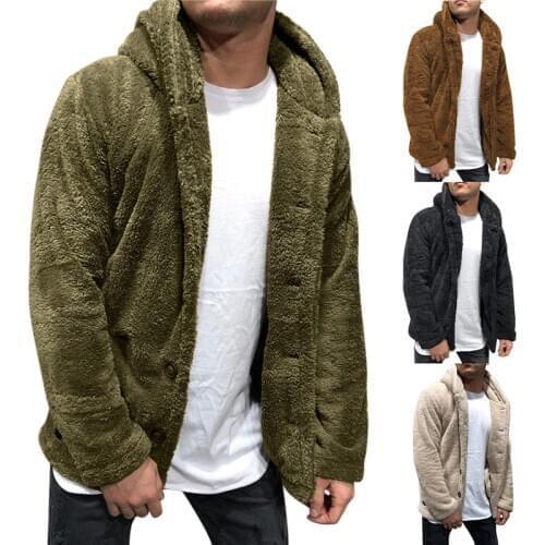 Mens Buttons Coat Warm Faux Fur Winter Casual Loose Double-Sided Plush Hoodie Fluffy Fleece Fur Jacket Hoodies Coat Outerwear