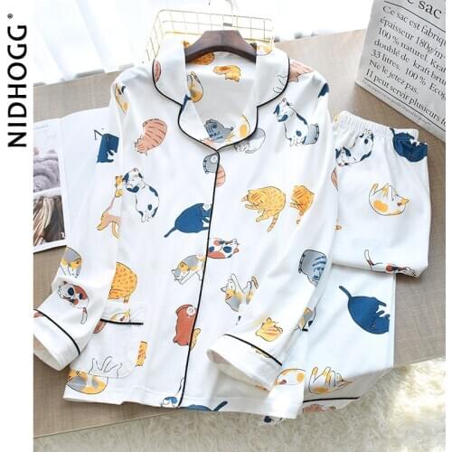 Autumn Winter 100% Cotton Long-sleeved Trousers Pajama Set Women Knitted Thin Nightwear Cartoon Simple Style Long Pajamas 2 Sets