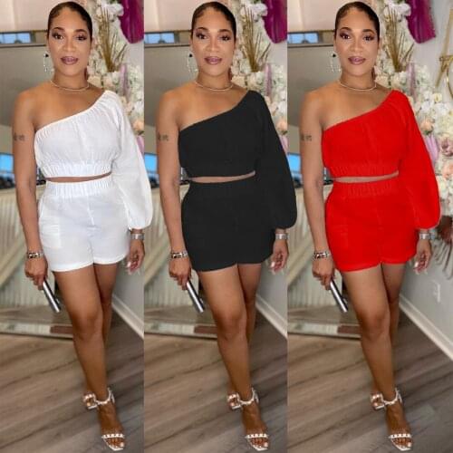 Casual Streetwear Solid 2 Piece Outfits One Shoulder Long Sleeve Skew Neck Crop Top + Shorts Slim Matching Set Clubwear Outfits
