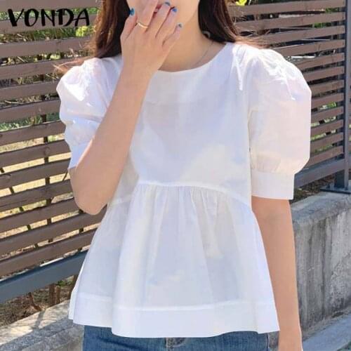 Casual White Tops VONDA 2021 Women Solid Color Shirts Overisized Loose Blouse Bohemian Blusas Femininas OL Office Shirts