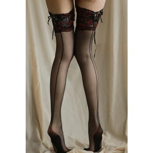 Sexy Black Silk Temptation Silicone Non-slip Thigh High Stockings Embroidery Lace Pantyhose for Women