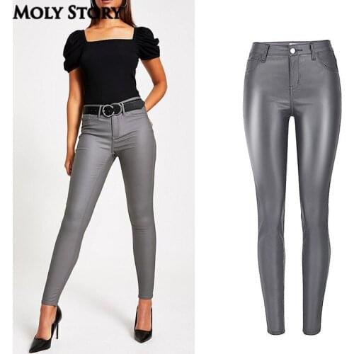 Plus Size Grey PU Leather Pant High Stretchy Pants Women High Waisted Ladies Faux PU Jeans Plus Size Pencil Pant