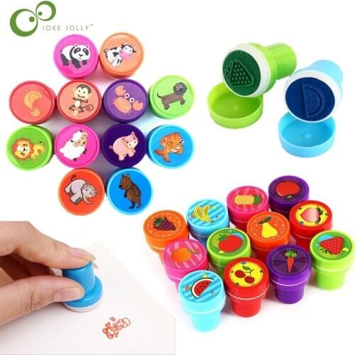 16pcs/lot Children Toy Stamps Cartoon Animals Fruits Kids Seal For Scrapbooking Photo Album Decor Stamper DIY stamper Toys ZXH