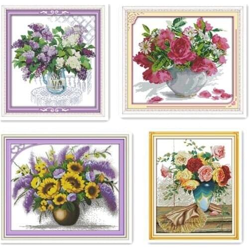 Lilac Multicolored Roses and Daisies Blooming Flowers Glass Bottle Illustration Handmade Cross Stitch Kit DIY Beautiful Vase
