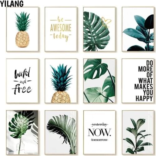 Nordic Golden Pineapple Green Leaves Canvas Painting Wall Art Letter Quotes Posters And Prints Plants Pictures For Living Room