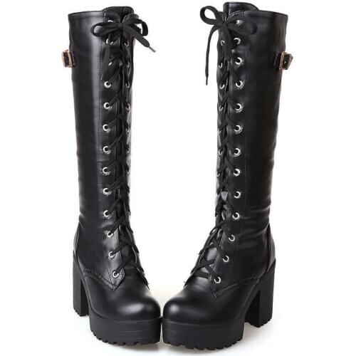 Brand New Big Size 43 Shoelaces Wedge High Heels Platform Tide Trendy Cool Autumn Winter Knee High Boots Shoes Women Footwear