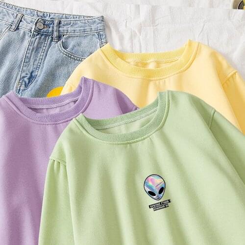 Harajuku Styles Kpop Hoodies Sweatshirts Women Alien Print Hiphop Pullover Ladies Round Neck Spring Warm Clothes Streetwear