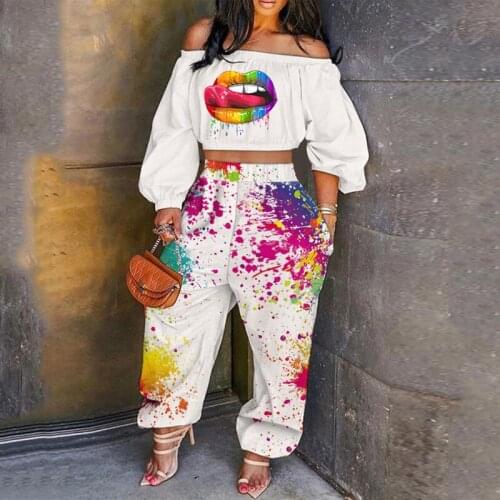 Women Fashion Casual Two-Piece Set Suits Set Oversize Loose Fit Casual Clothes Puff Sleeve Lip print Off Shoulder Top& Pants Set