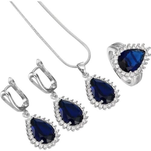 Newest design drop water Shape Shiuning silver color Jewelary Sets For women engagement Royal Blue AAA CZ Zircon Crystal