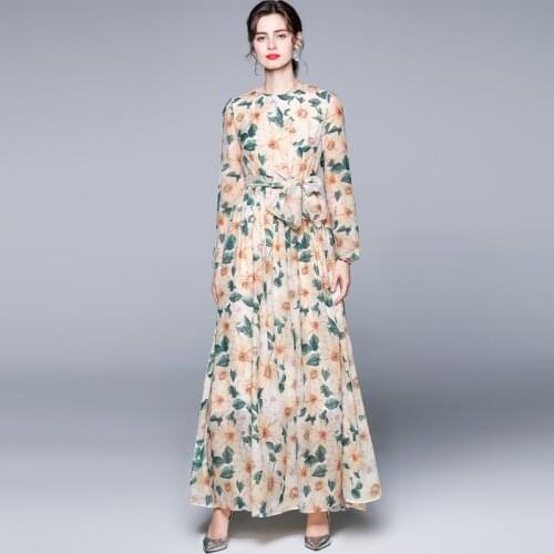 Summer Fashion Women Casual Retro Vintage Flower Print Maxi Long A Line Chiffon Vacation Dress