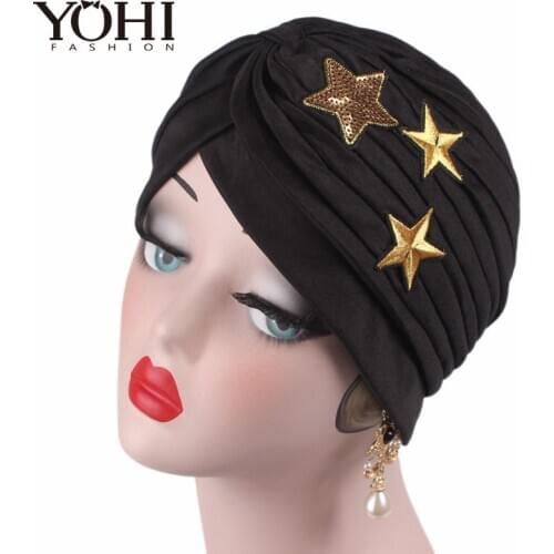 2018 New fashion concise style sequined star Turban Head Wrap Band Sleep Hat Women India Caps Hat Cap turbante