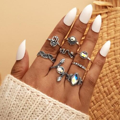 2020 Fashion 8 Piece Set Vintage Bohemian Crystal Snake Pattern Leaf Ring Hand Pattern Womens Ring Set Wedding Anniversary Gift